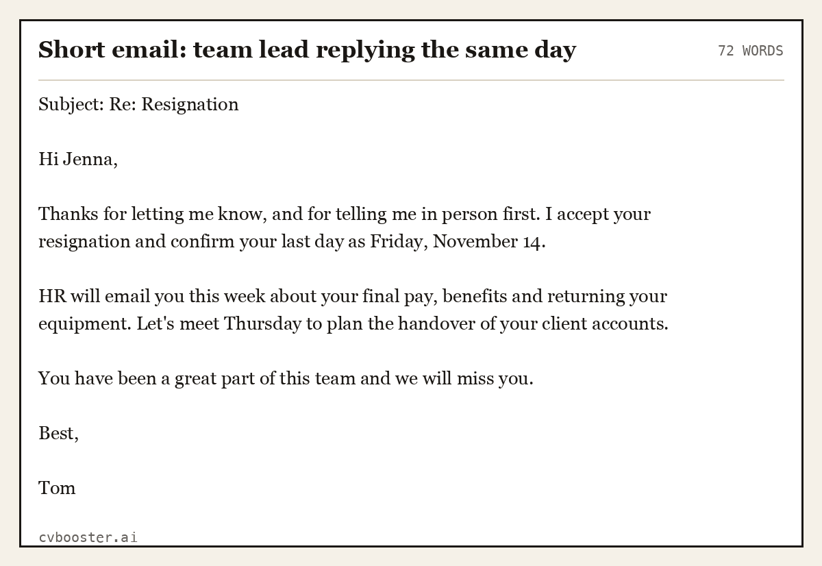 Complete Short email: team lead replying the same day example, 72 words, laid out as it would sit in the application form