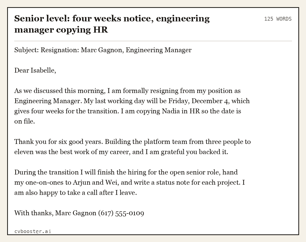 Complete Senior level: four weeks notice, engineering manager copying HR example, 125 words, laid out as it would sit in the application form