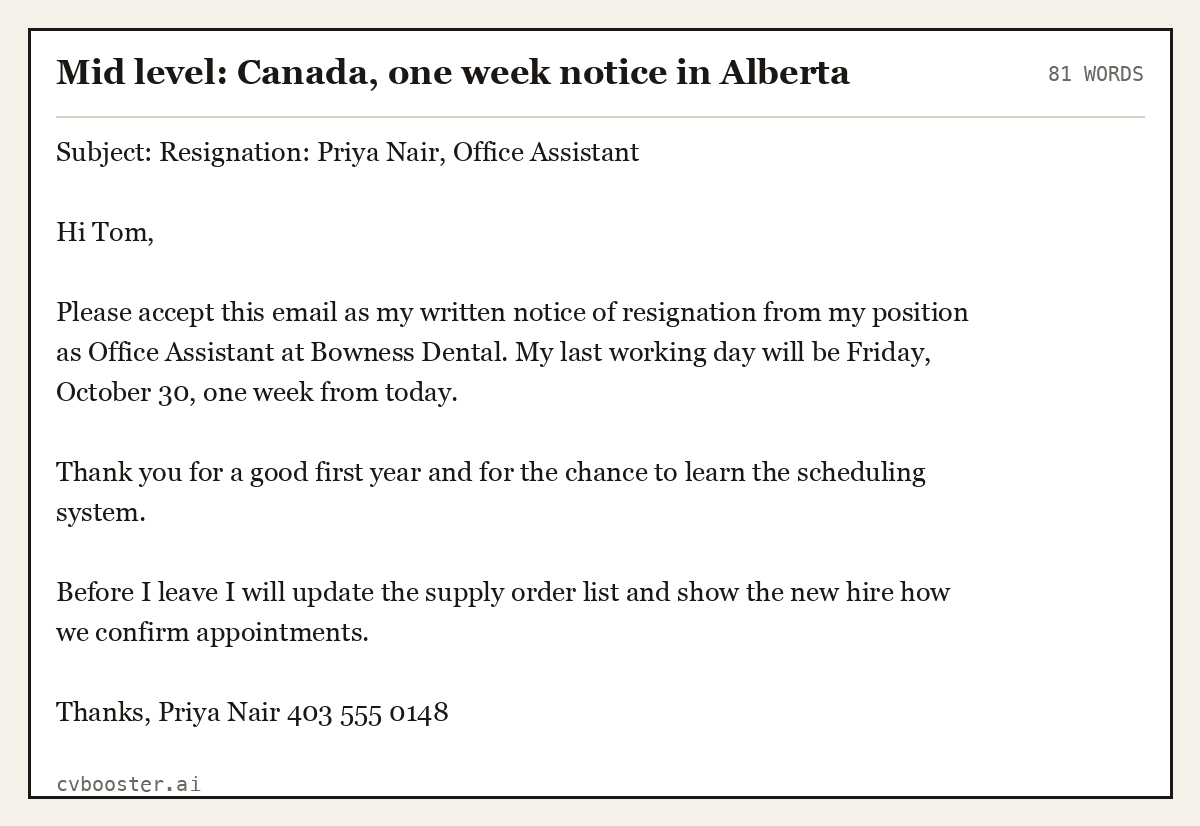Complete Mid level: Canada, one week notice in Alberta example, 81 words, laid out as it would sit in the application form