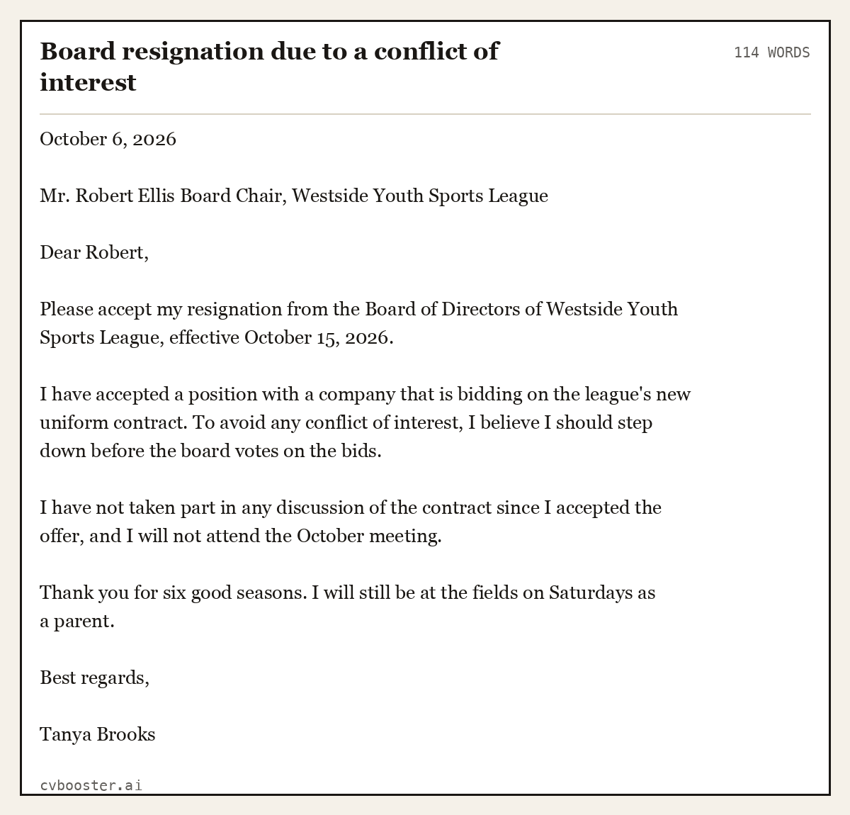 Complete Board resignation due to a conflict of interest example, 114 words, laid out as it would sit in the application form