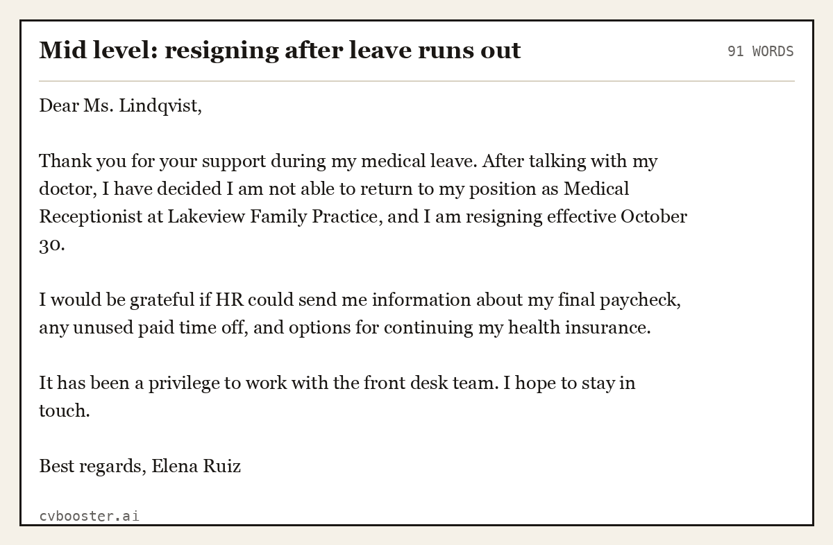 Complete Mid level: resigning after leave runs out example, 91 words, laid out as it would sit in the application form