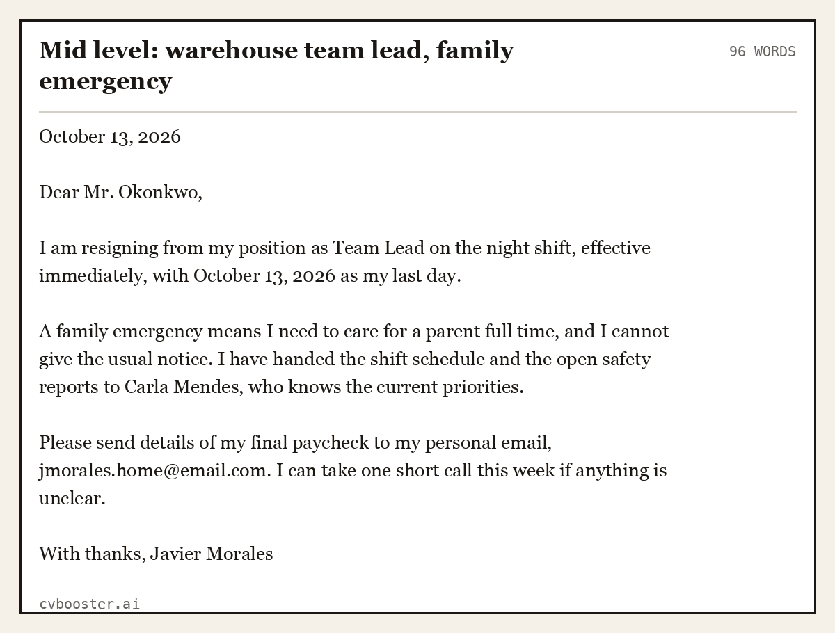 Complete Mid level: warehouse team lead, family emergency example, 96 words, laid out as it would sit in the application form