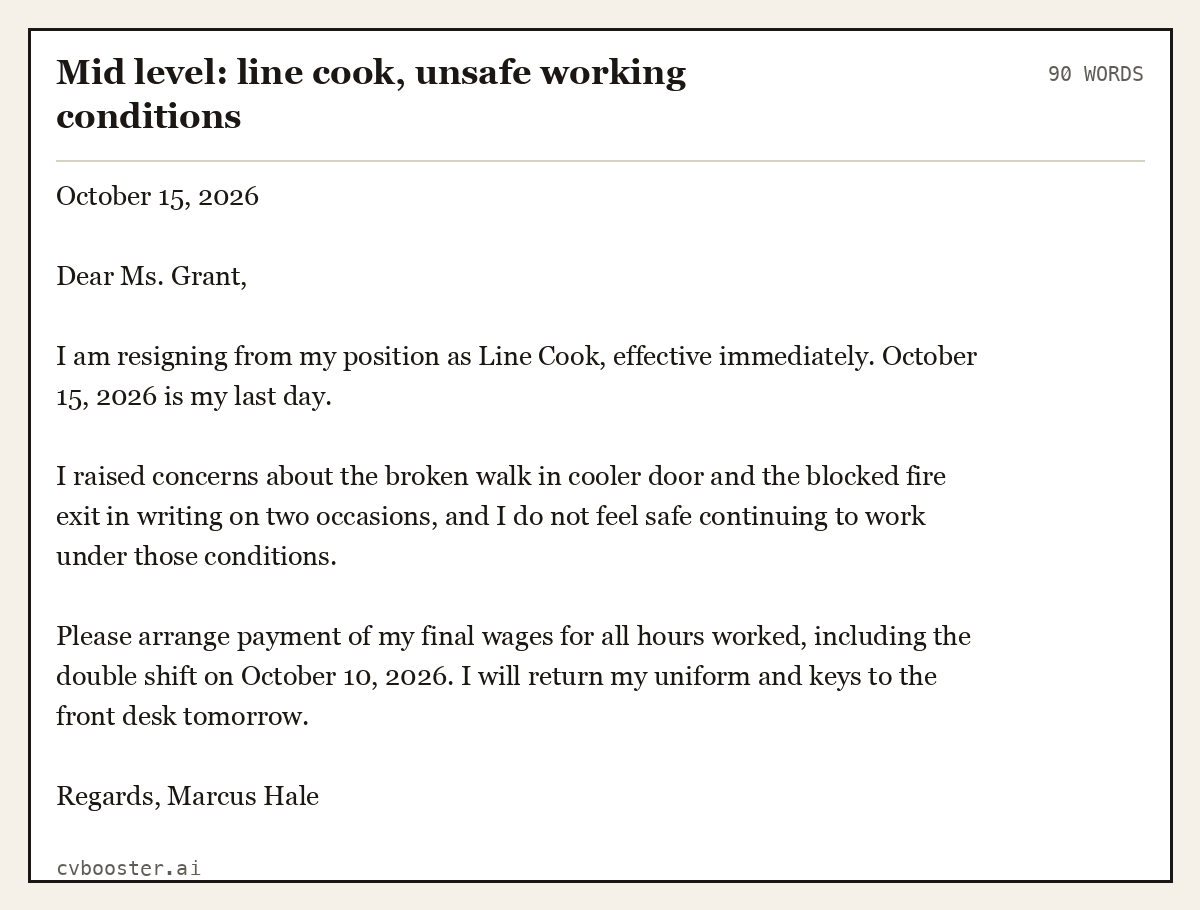 Complete Mid level: line cook, unsafe working conditions example, 90 words, laid out as it would sit in the application form