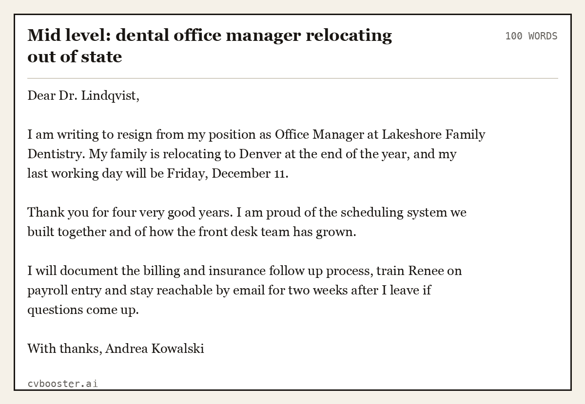 Complete Mid level: dental office manager relocating out of state example, 100 words, laid out as it would sit in the application form