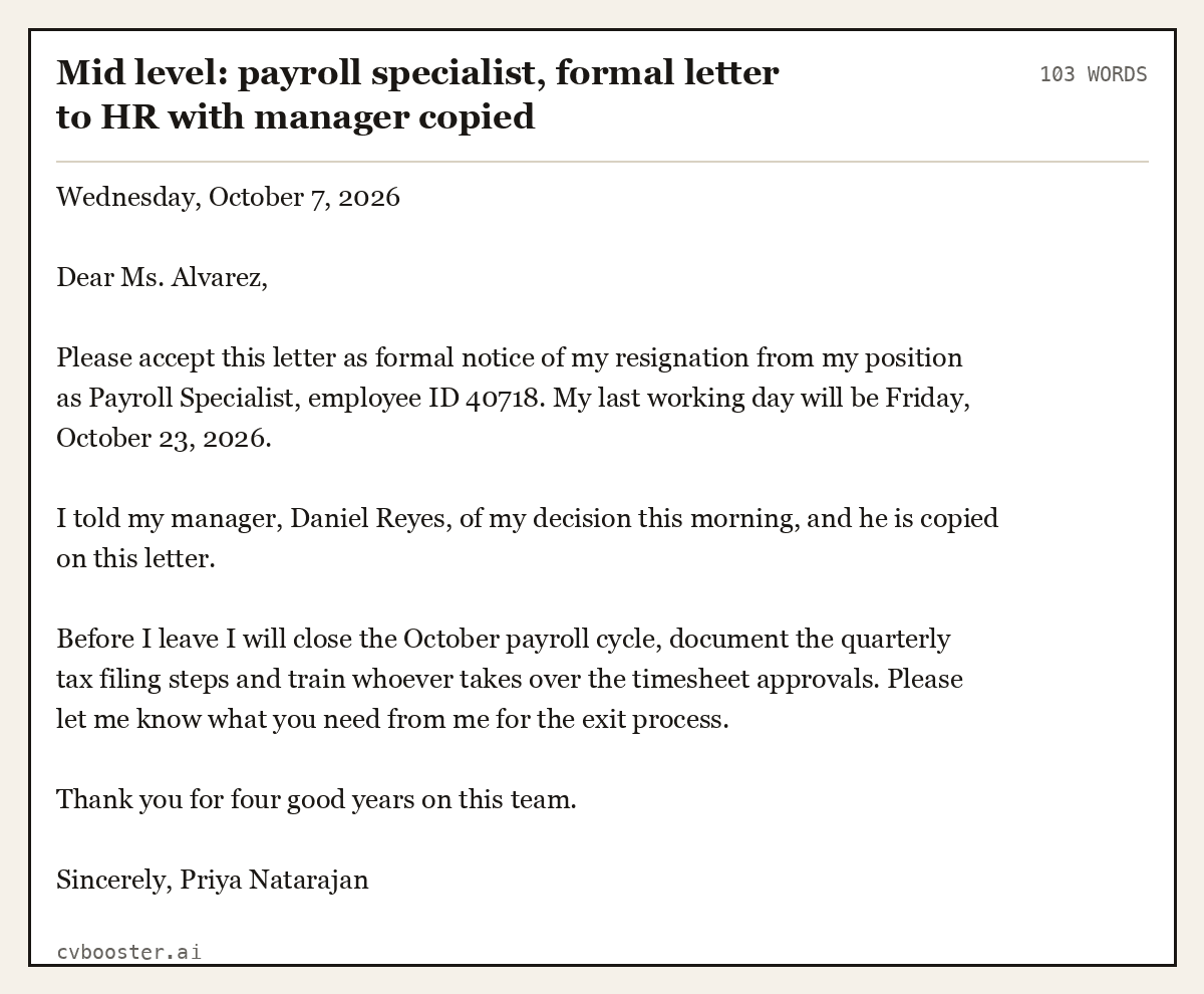 Complete Mid level: payroll specialist, formal letter to HR with manager copied example, 103 words, laid out as it would sit in the application form