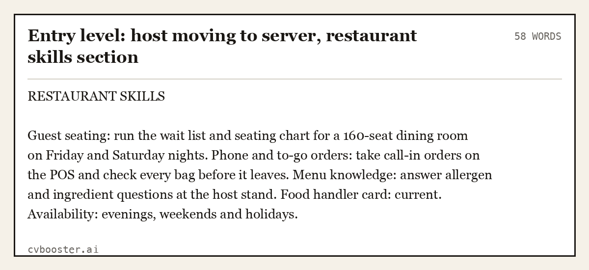 Complete Entry level: host moving to server, restaurant skills section example, 58 words, laid out as it would sit in the application form