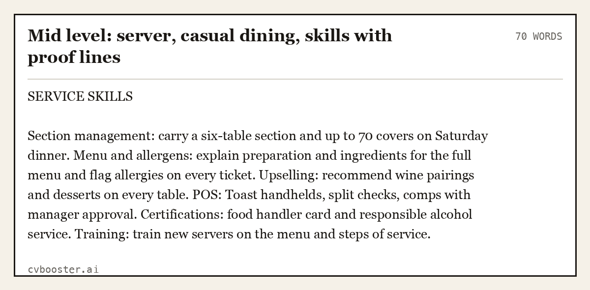 Complete Mid level: server, casual dining, skills with proof lines example, 70 words, laid out as it would sit in the application form