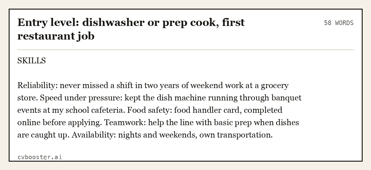 Complete Entry level: dishwasher or prep cook, first restaurant job example, 58 words, laid out as it would sit in the application form