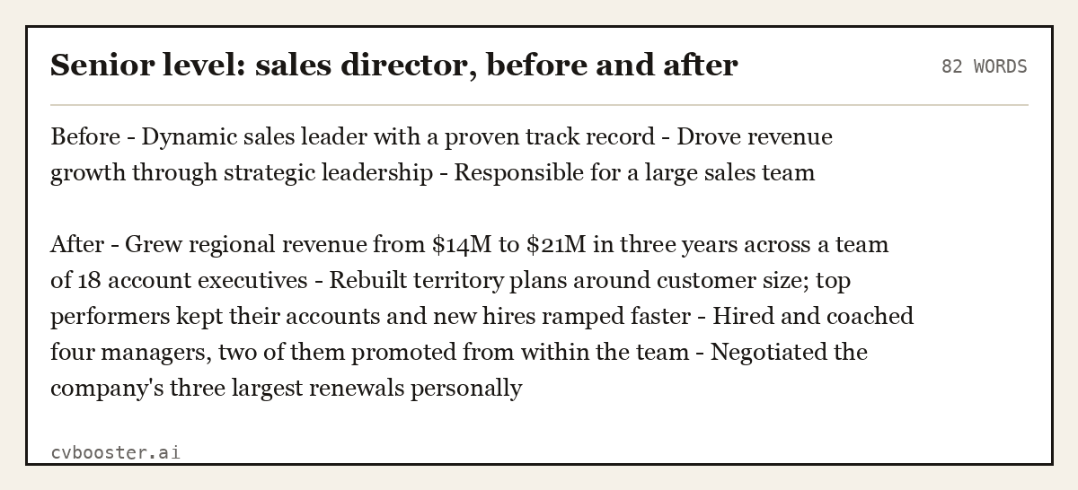 Complete Senior level: sales director, before and after example, 82 words, laid out as it would sit in the application form