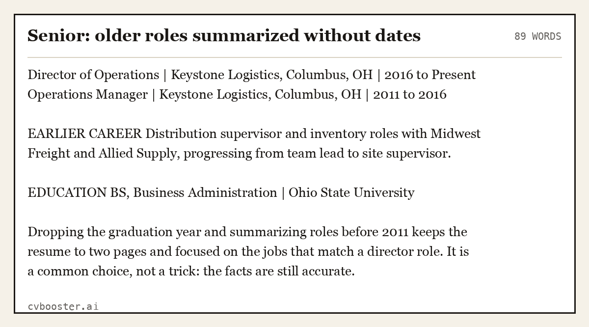 Complete Senior: older roles summarized without dates example, 89 words, laid out as it would sit in the application form