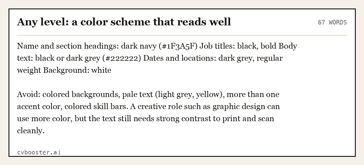 Complete Any level: a color scheme that reads well example, 67 words, laid out as it would sit in the application form
