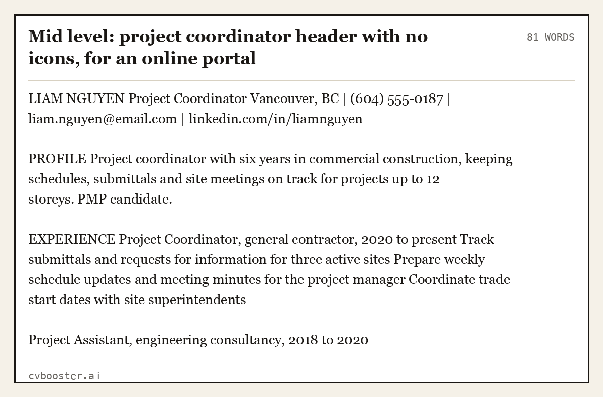 Complete Mid level: project coordinator header with no icons, for an online portal example, 81 words, laid out as it would sit in the application form