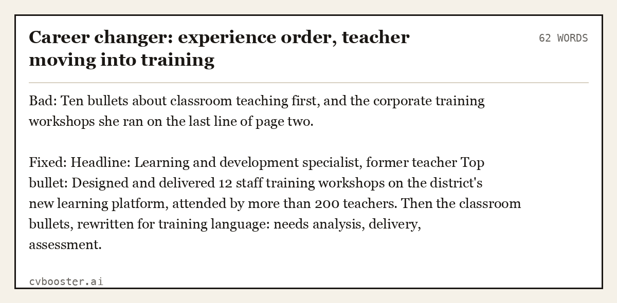 Complete Career changer: experience order, teacher moving into training example, 62 words, laid out as it would sit in the application form