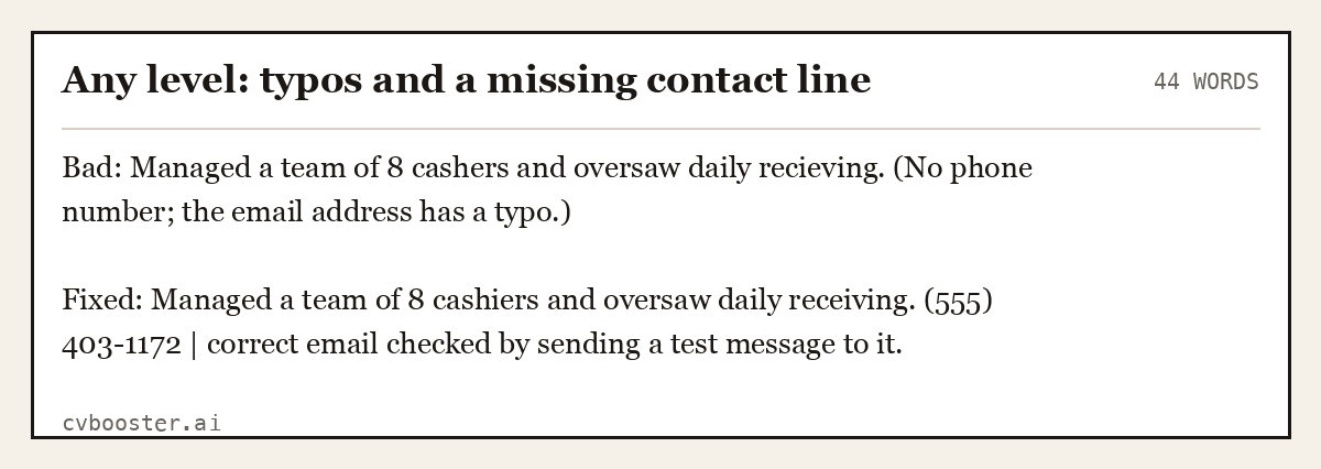 Complete Any level: typos and a missing contact line example, 44 words, laid out as it would sit in the application form