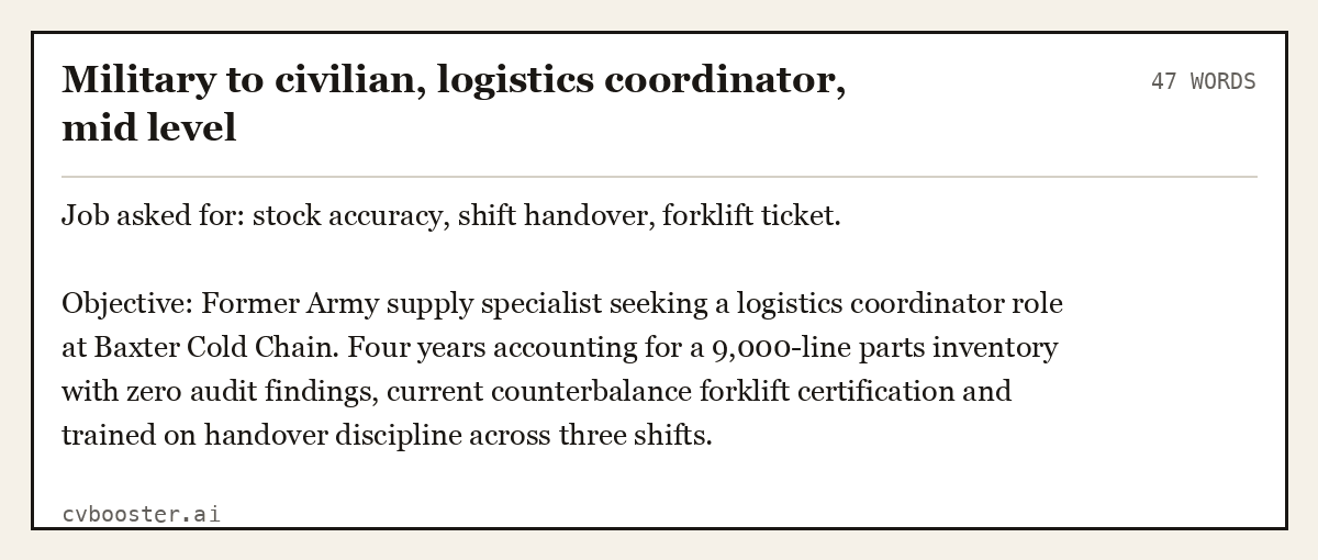 Complete Military to civilian, logistics coordinator, mid level example, 47 words, laid out as it would sit in the application form