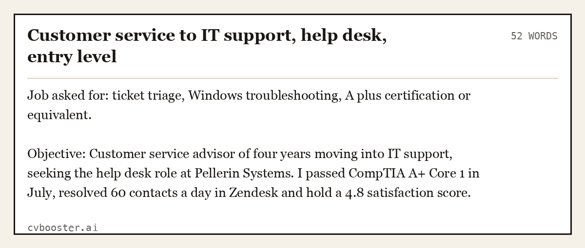 Complete Customer service to IT support, help desk, entry level example, 52 words, laid out as it would sit in the application form