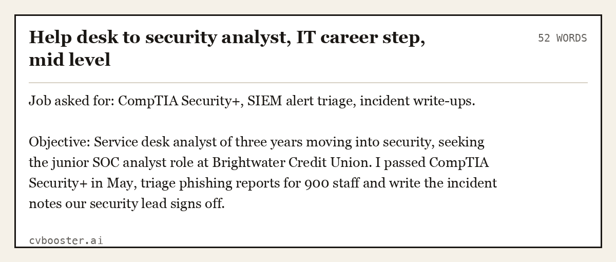 Complete Help desk to security analyst, IT career step, mid level example, 52 words, laid out as it would sit in the application form