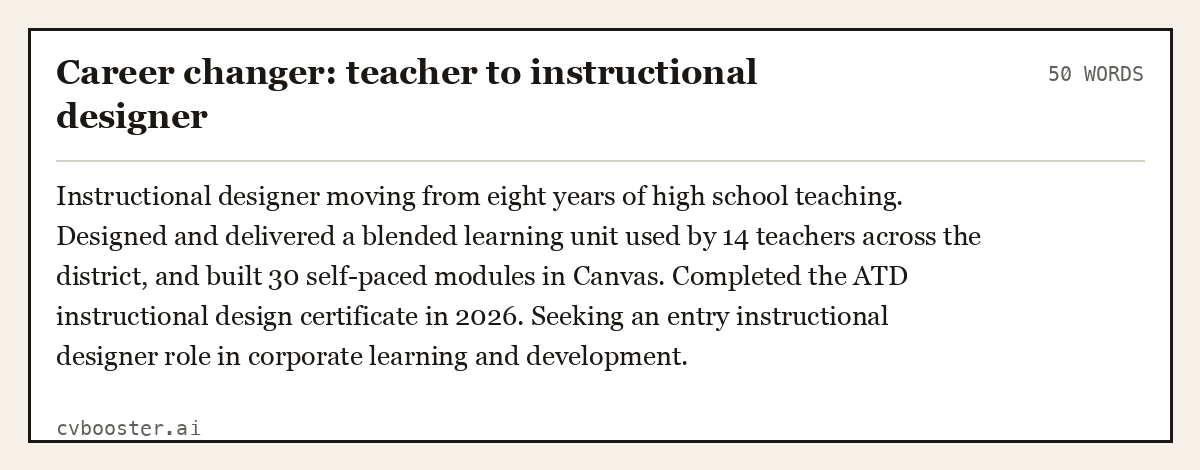 Complete Career changer: teacher to instructional designer example, 50 words, laid out as it would sit in the application form
