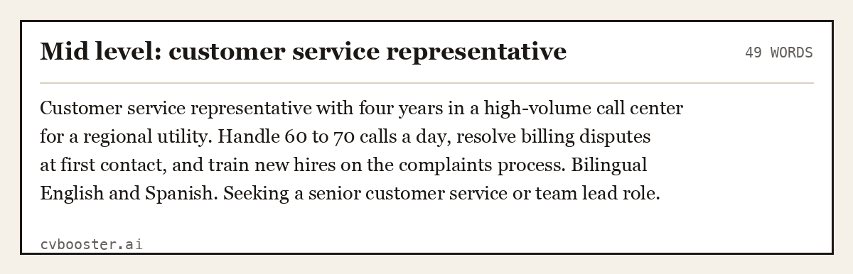 Complete Mid level: customer service representative example, 49 words, laid out as it would sit in the application form