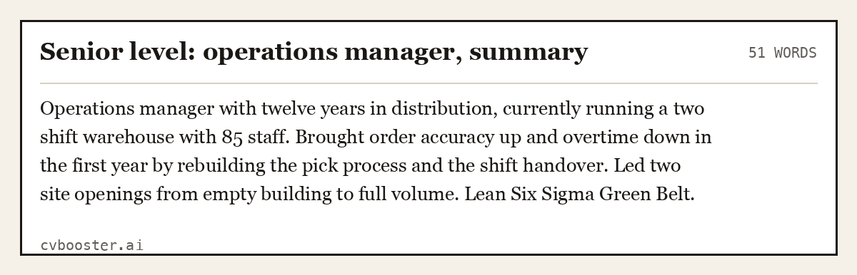Complete Senior level: operations manager, summary example, 51 words, laid out as it would sit in the application form