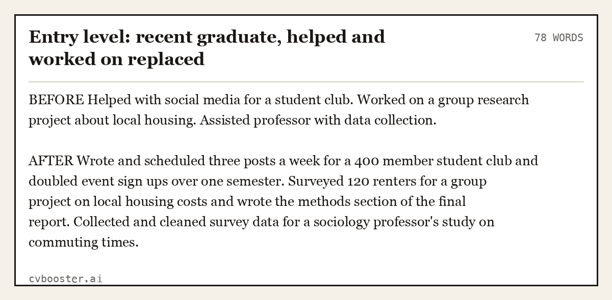 Complete Entry level: recent graduate, helped and worked on replaced example, 78 words, laid out as it would sit in the application form
