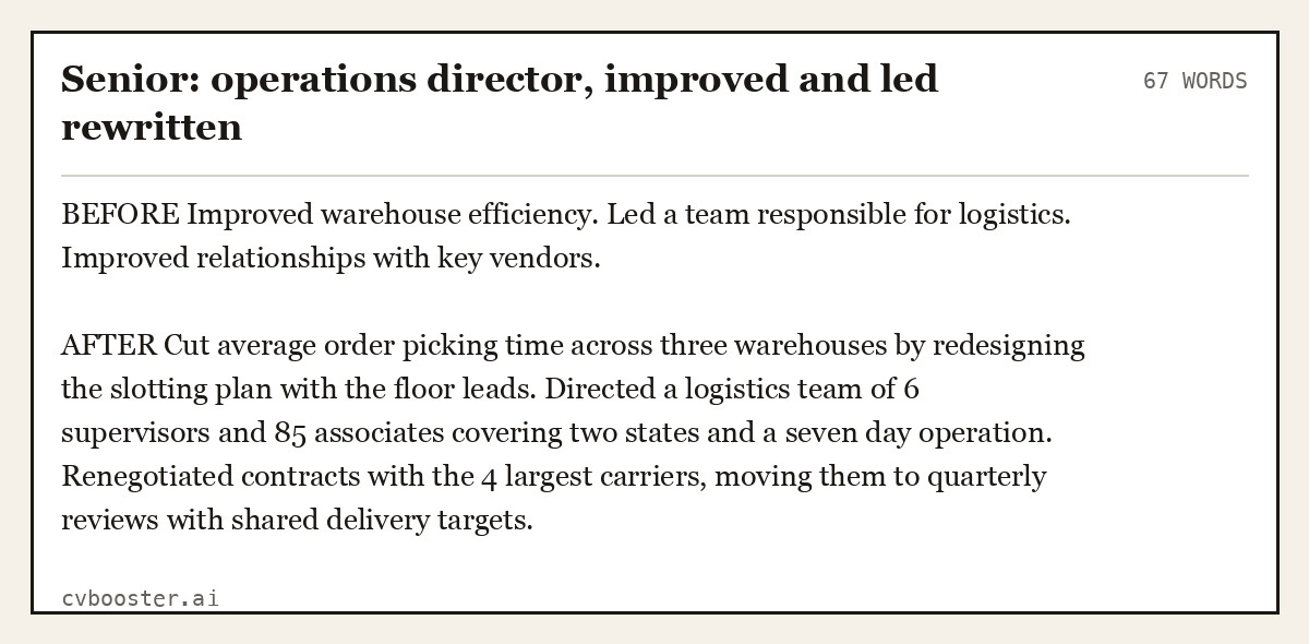 Complete Senior: operations director, improved and led rewritten example, 67 words, laid out as it would sit in the application form