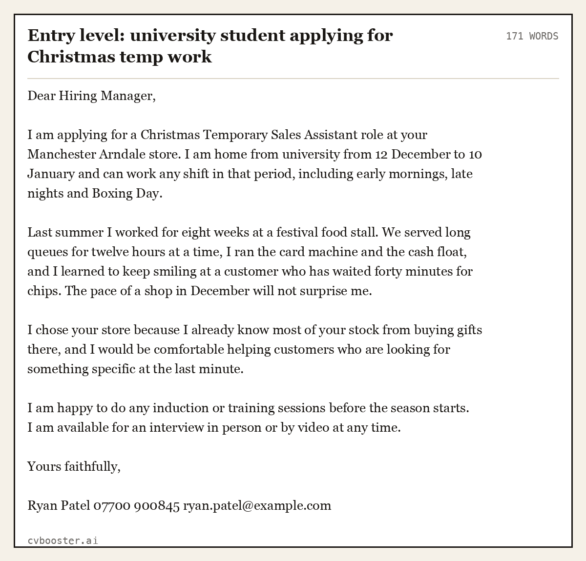 Complete Entry level: university student applying for Christmas temp work example, 171 words, laid out as it would sit in the application form