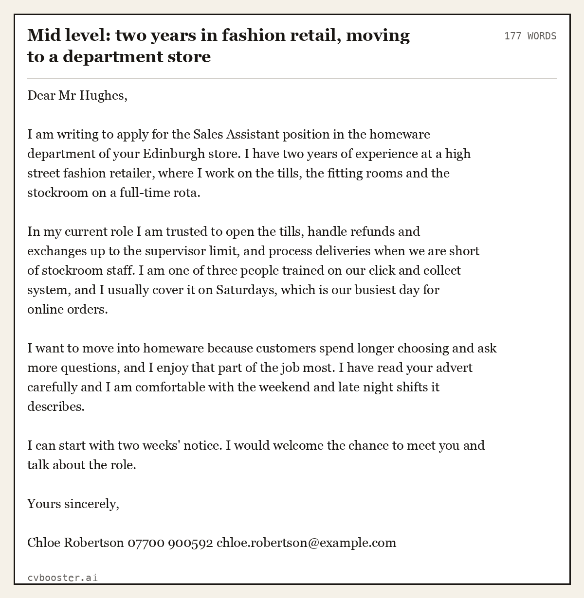 Complete Mid level: two years in fashion retail, moving to a department store example, 177 words, laid out as it would sit in the application form