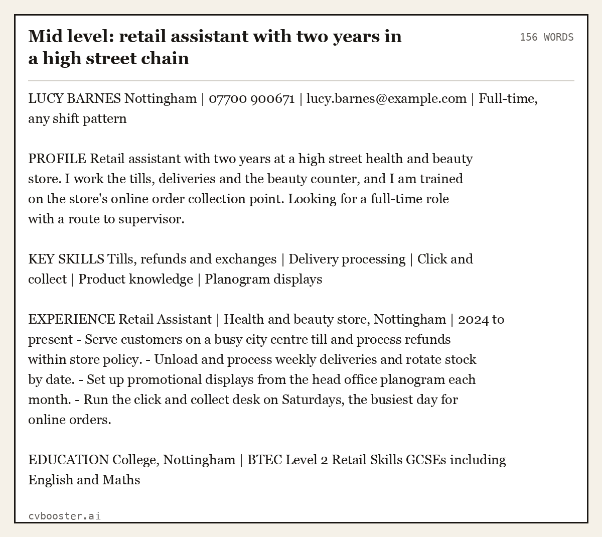 Complete Mid level: retail assistant with two years in a high street chain example, 156 words, laid out as it would sit in the application form