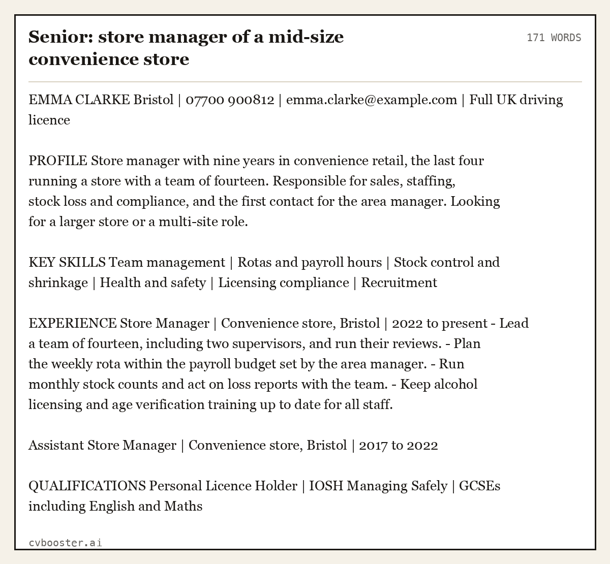 Complete Senior: store manager of a mid-size convenience store example, 171 words, laid out as it would sit in the application form
