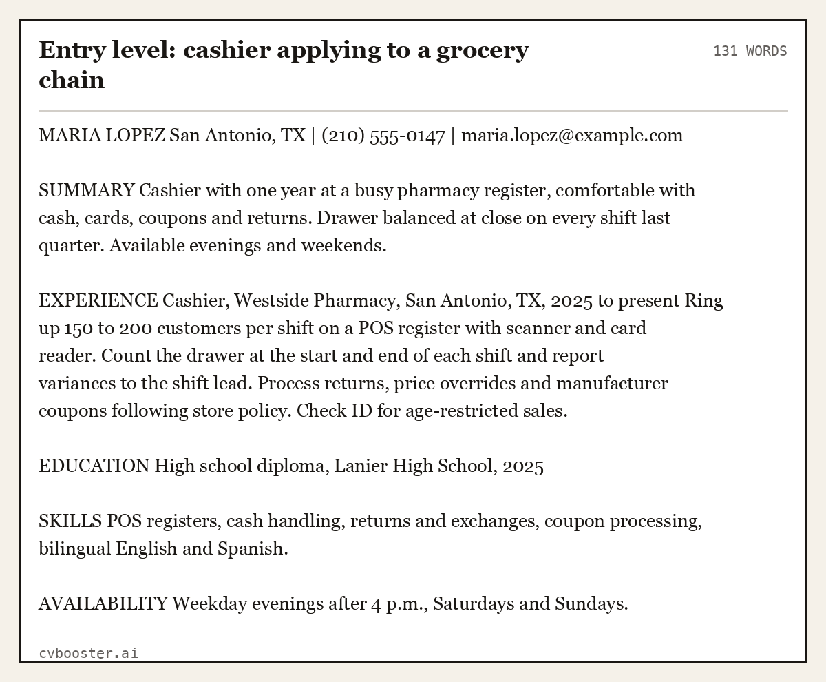 Complete Entry level: cashier applying to a grocery chain example, 131 words, laid out as it would sit in the application form