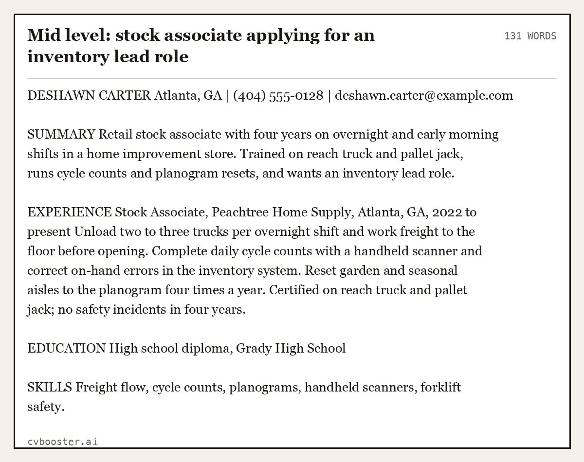 Complete Mid level: stock associate applying for an inventory lead role example, 131 words, laid out as it would sit in the application form