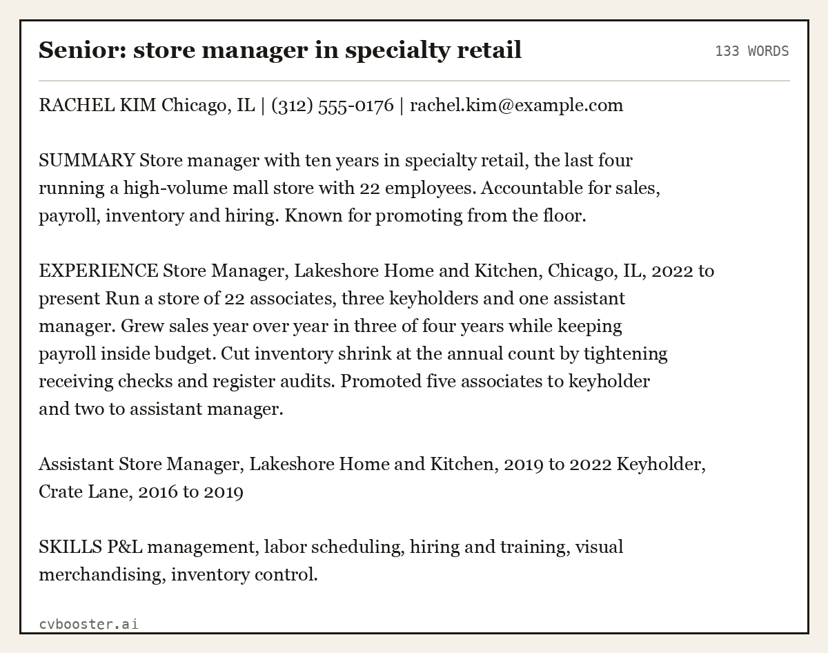 Complete Senior: store manager in specialty retail example, 133 words, laid out as it would sit in the application form