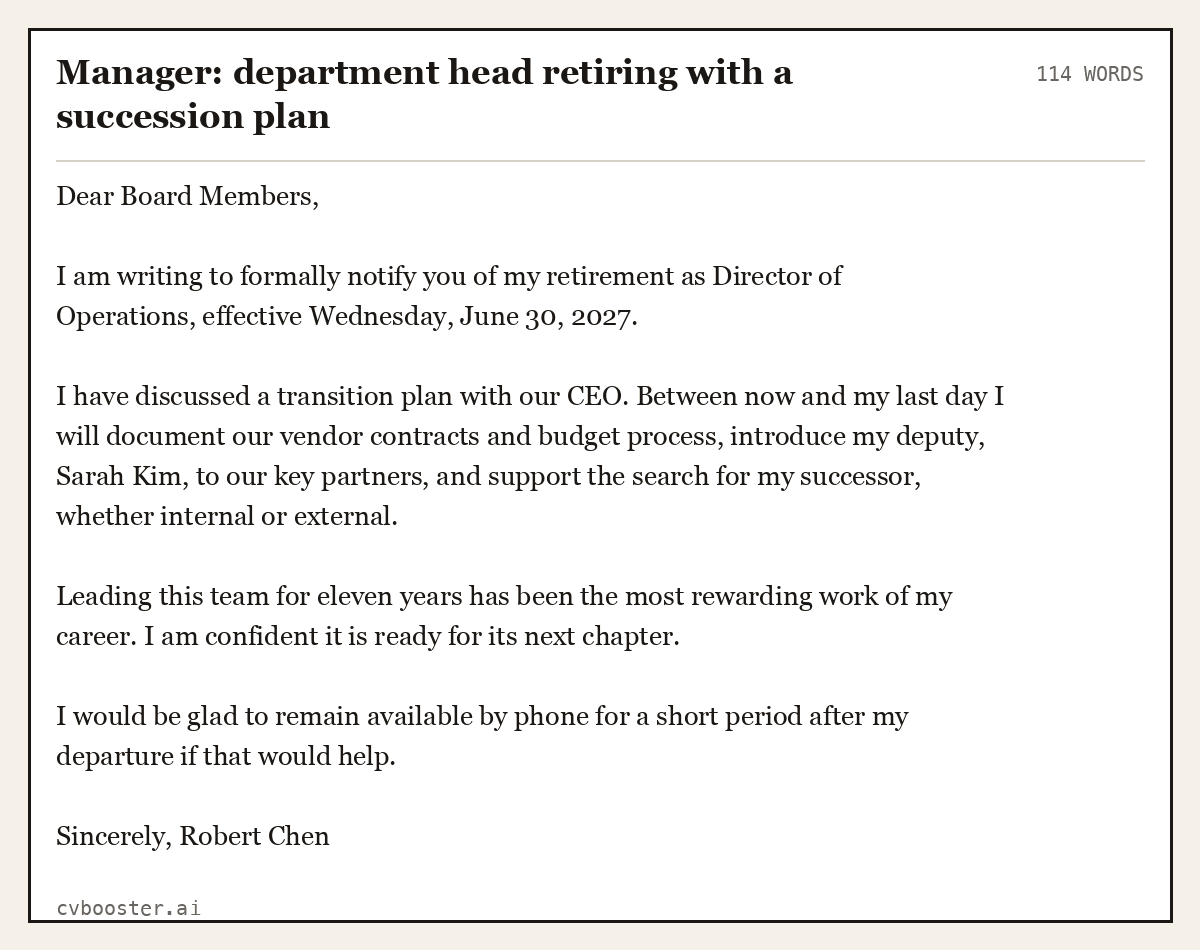 Complete Manager: department head retiring with a succession plan example, 114 words, laid out as it would sit in the application form