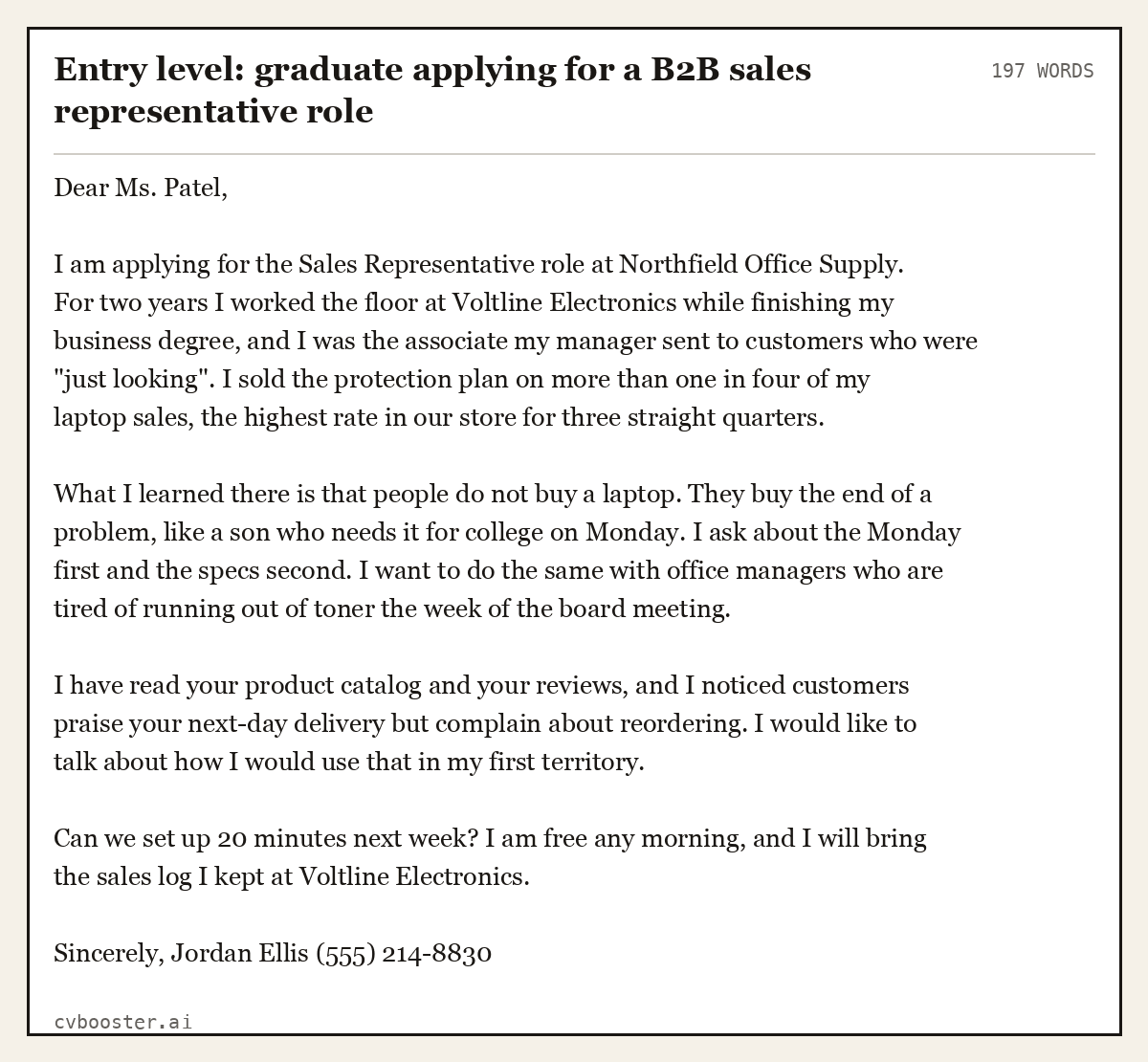 Complete Entry level: graduate applying for a B2B sales representative role example, 197 words, laid out as it would sit in the application form