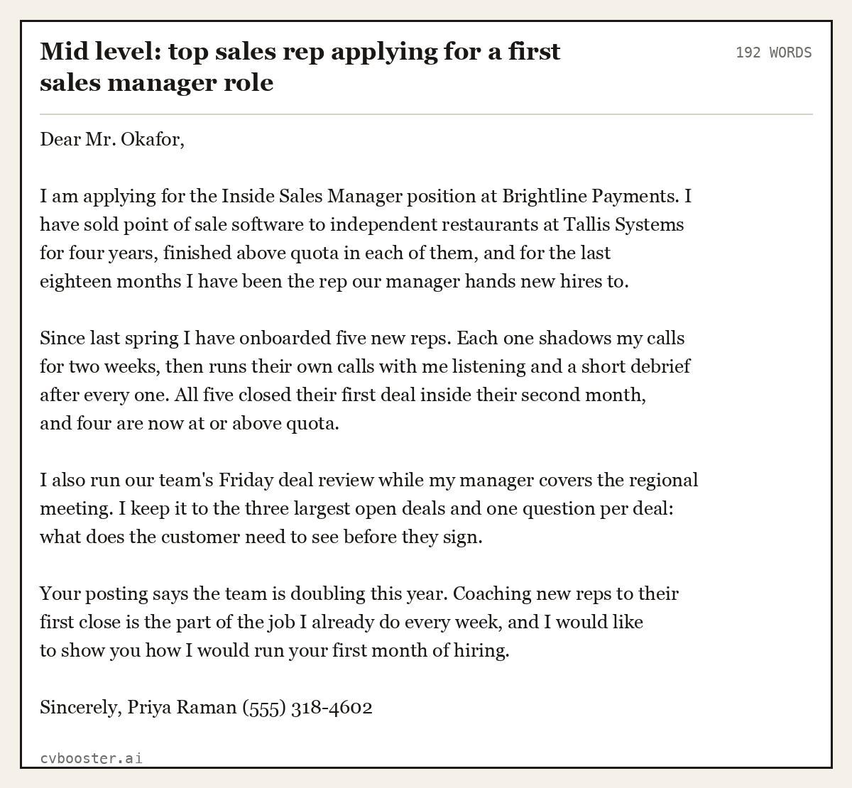Complete Mid level: top sales rep applying for a first sales manager role example, 192 words, laid out as it would sit in the application form