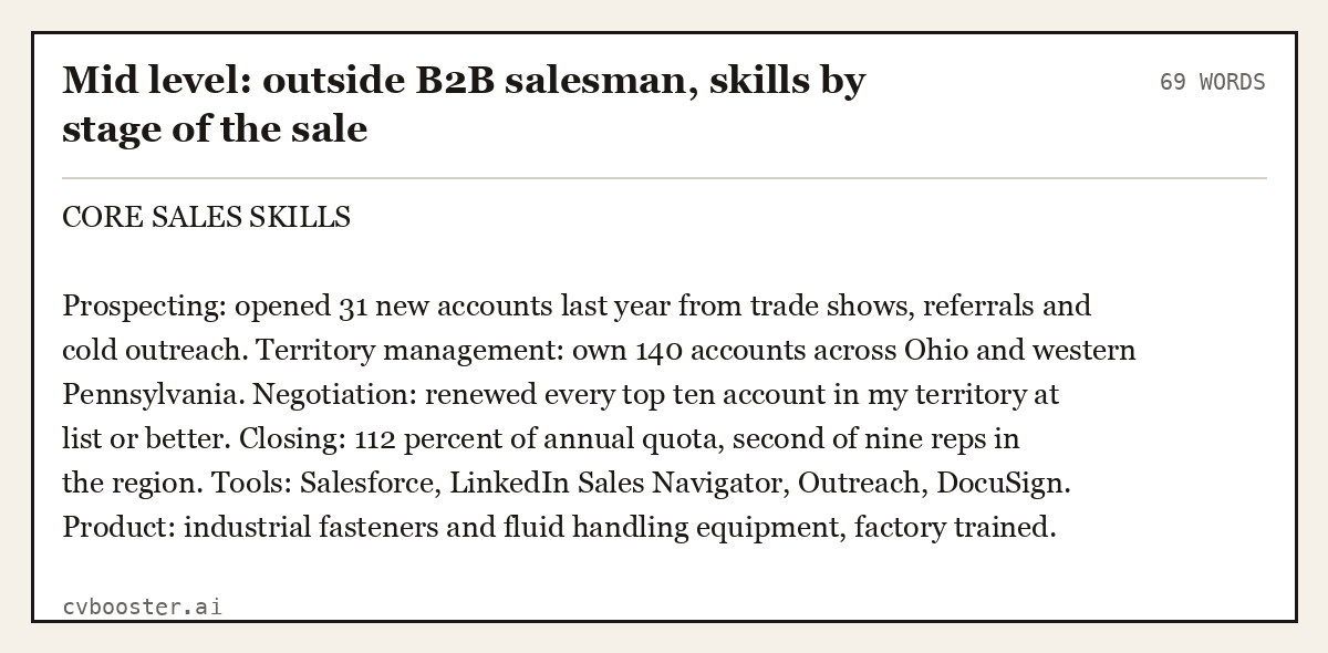 Complete Mid level: outside B2B salesman, skills by stage of the sale example, 69 words, laid out as it would sit in the application form