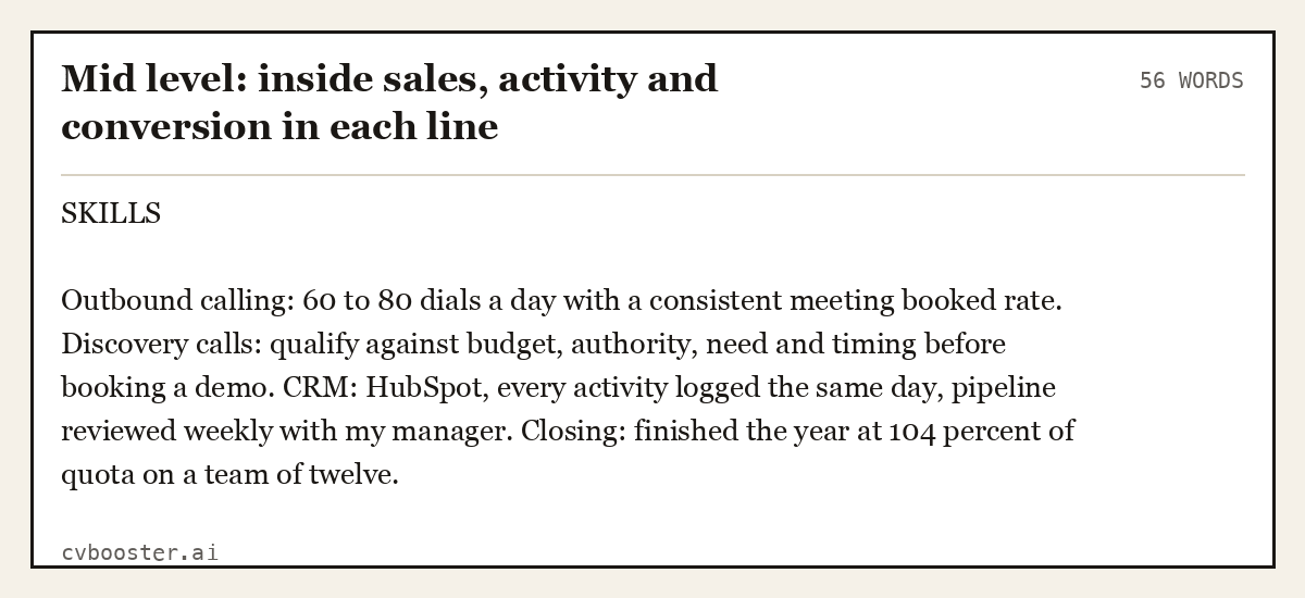 Complete Mid level: inside sales, activity and conversion in each line example, 56 words, laid out as it would sit in the application form