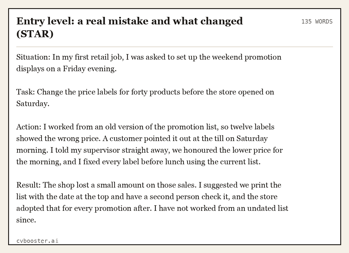 Complete Entry level: a real mistake and what changed (STAR) example, 135 words, laid out as it would sit in the application form