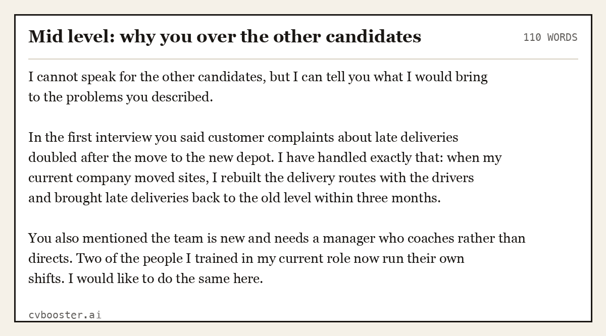 Complete Mid level: why you over the other candidates example, 110 words, laid out as it would sit in the application form
