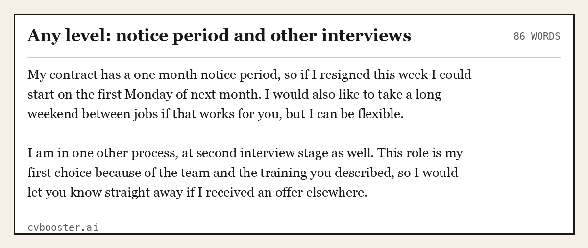 Complete Any level: notice period and other interviews example, 86 words, laid out as it would sit in the application form