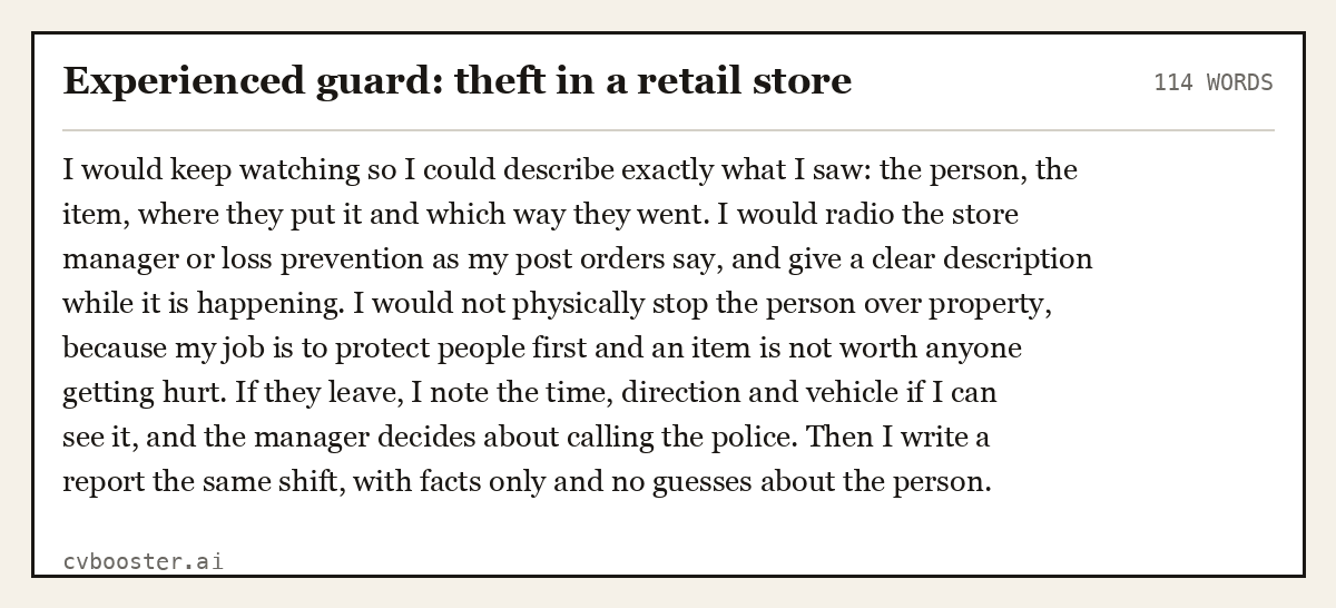 Complete Experienced guard: theft in a retail store example, 114 words, laid out as it would sit in the application form