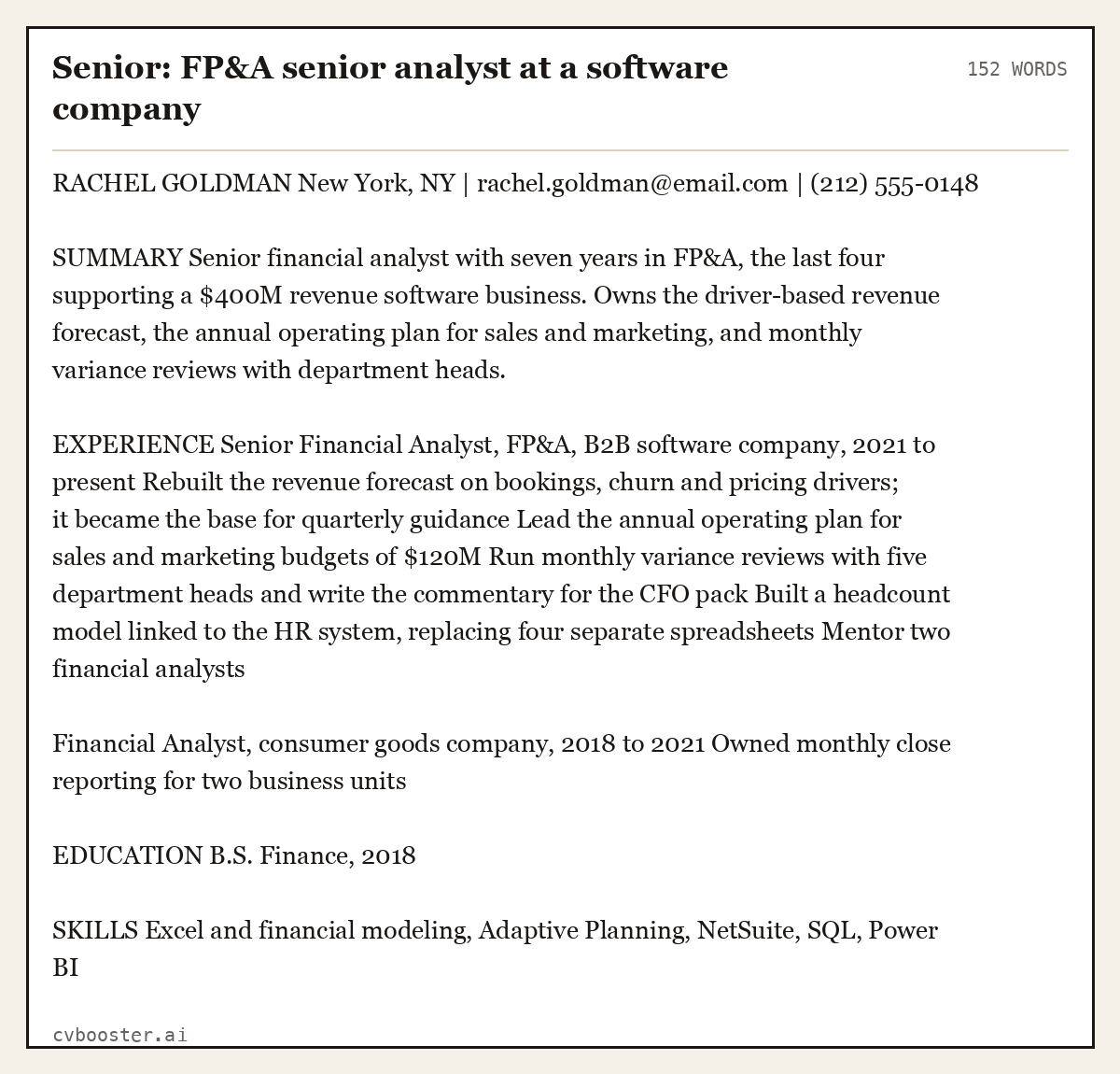 Complete Senior: FP&A senior analyst at a software company example, 152 words, laid out as it would sit in the application form