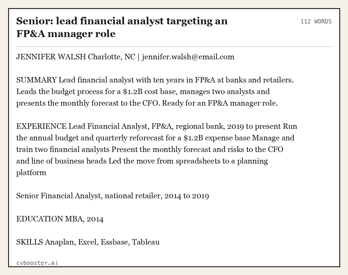 Complete Senior: lead financial analyst targeting an FP&A manager role example, 112 words, laid out as it would sit in the application form