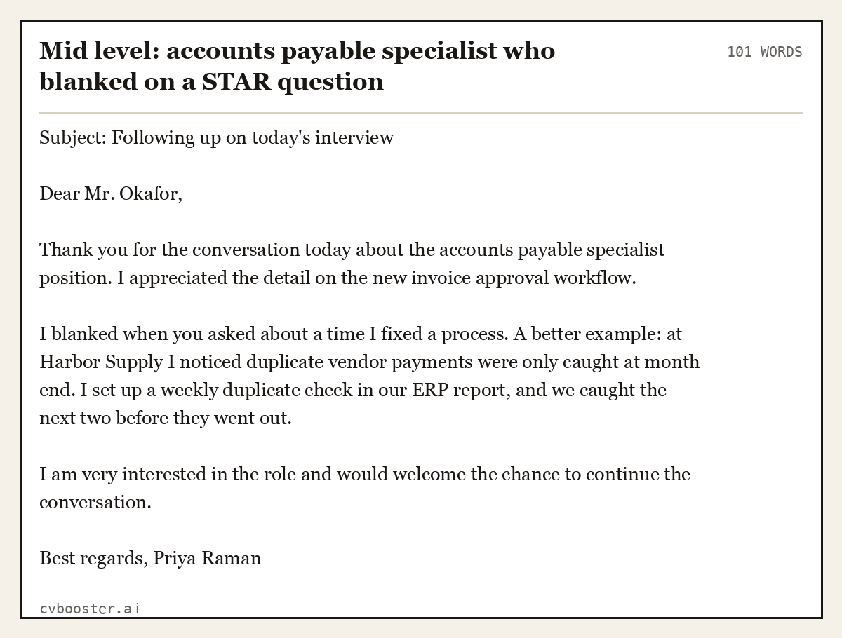 Complete Mid level: accounts payable specialist who blanked on a STAR question example, 101 words, laid out as it would sit in the application form