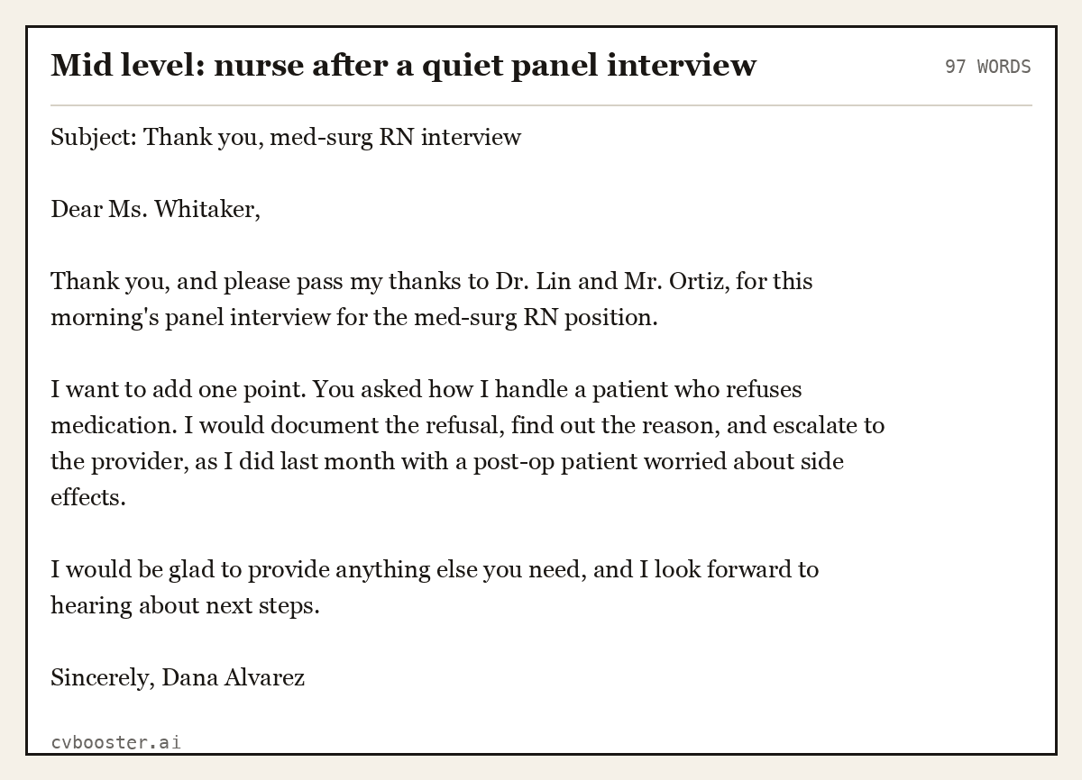 Complete Mid level: nurse after a quiet panel interview example, 97 words, laid out as it would sit in the application form