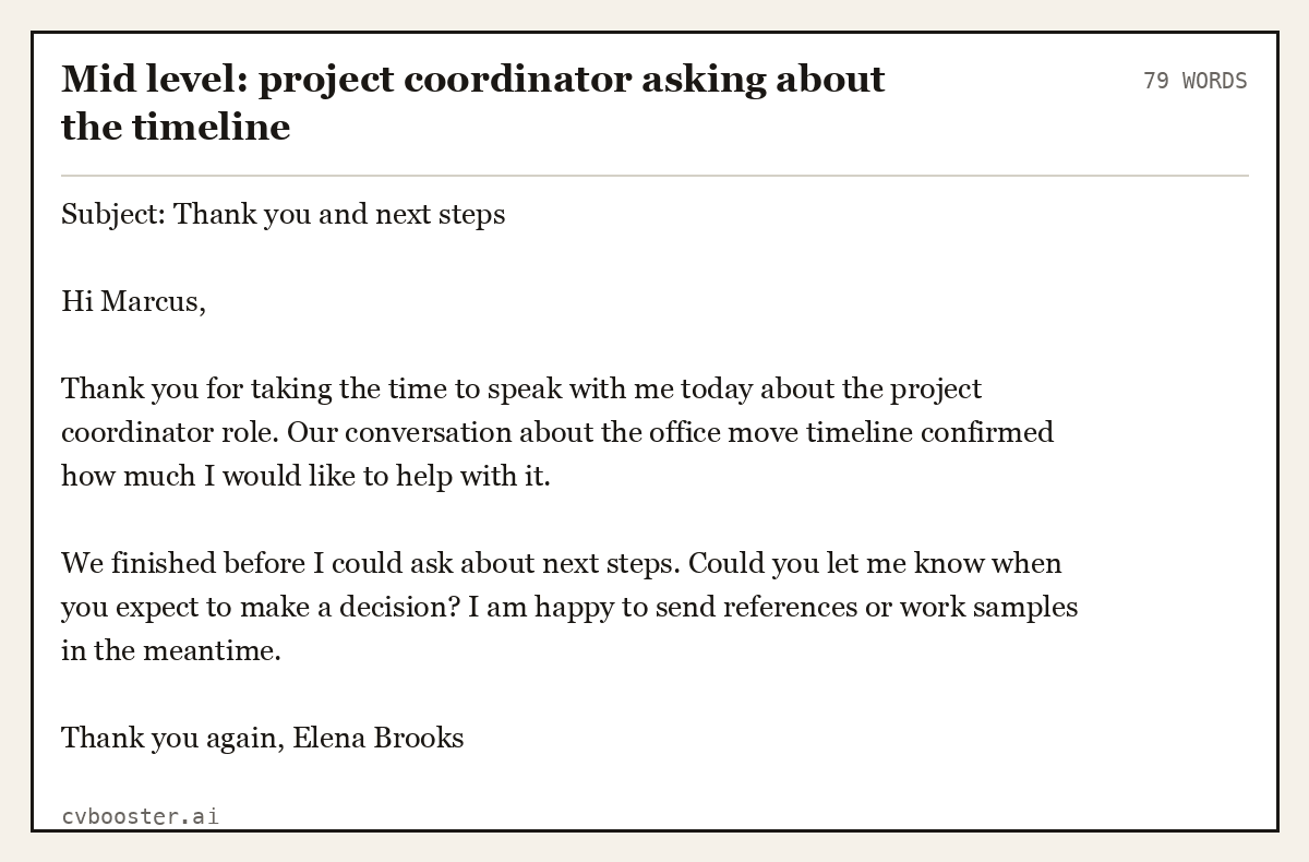 Complete Mid level: project coordinator asking about the timeline example, 79 words, laid out as it would sit in the application form