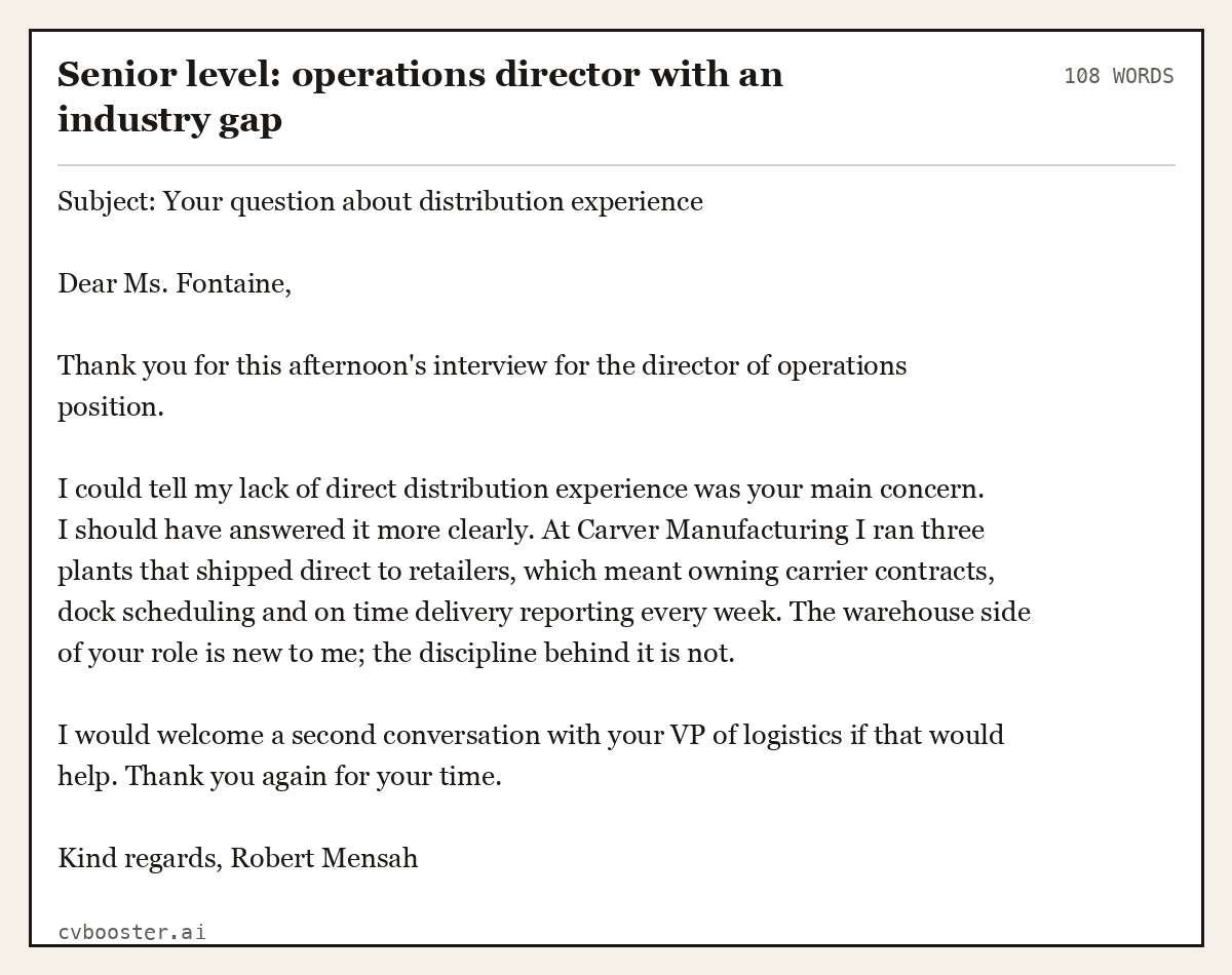 Complete Senior level: operations director with an industry gap example, 108 words, laid out as it would sit in the application form