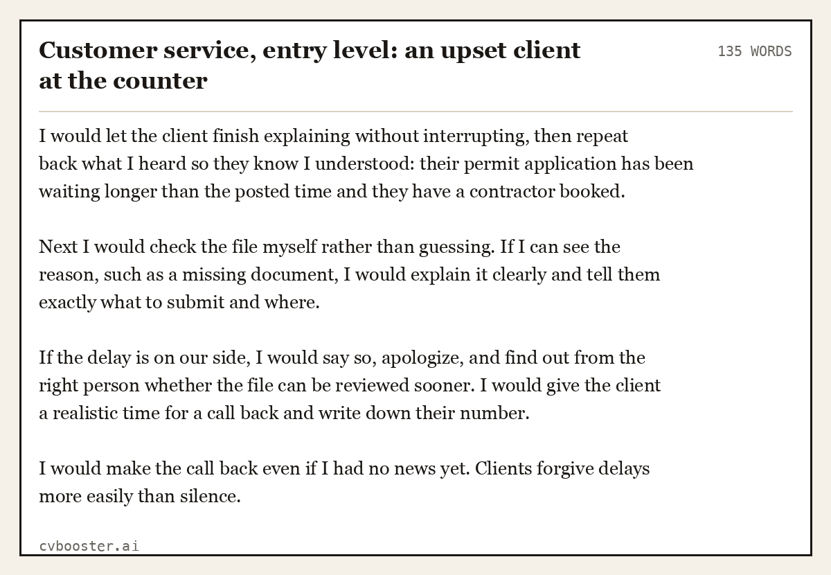 Complete Customer service, entry level: an upset client at the counter example, 135 words, laid out as it would sit in the application form