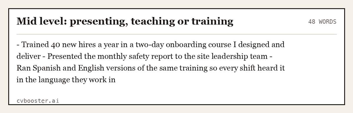 Complete Mid level: presenting, teaching or training example, 48 words, laid out as it would sit in the application form